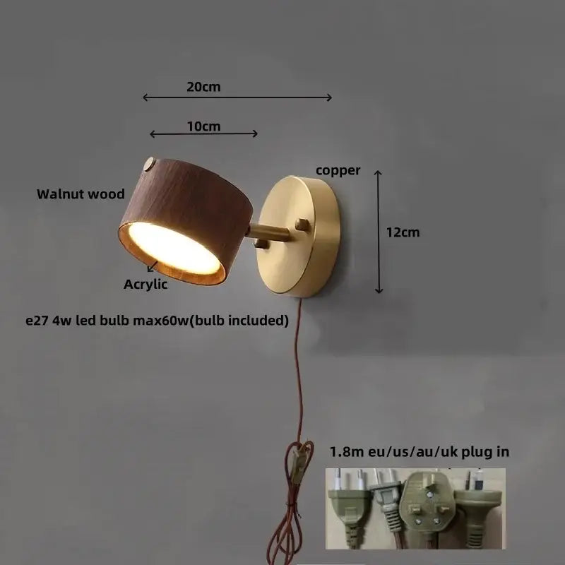 Modern brass and wood base wall sconce featuring walnut wood and copper spotlight with acrylic lens for living room decorbites led wood