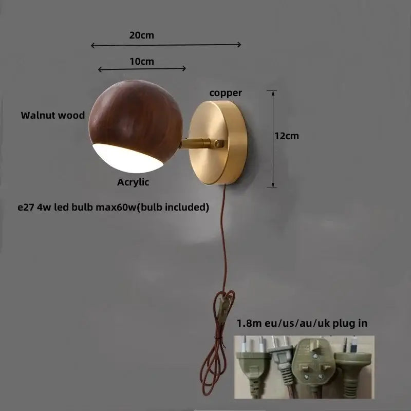 Modern brass and walnut wood base wall sconce with spherical acrylic diffuser for living room decorbites led wood spotlight