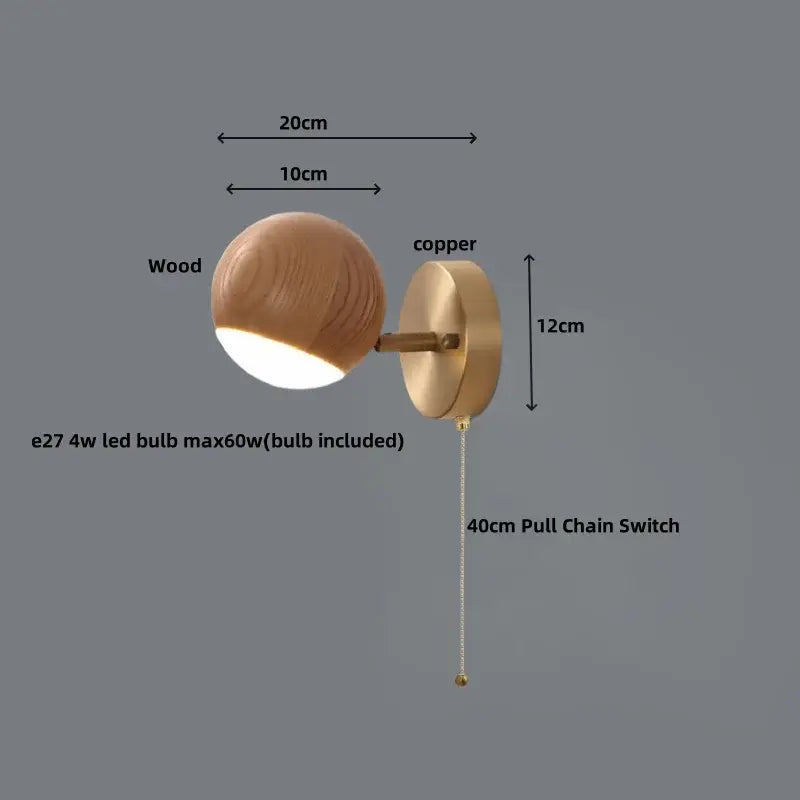 Modern brass and wood base wall sconce with copper spherical design and 40cm pull chain switch for decorbites led wood decor