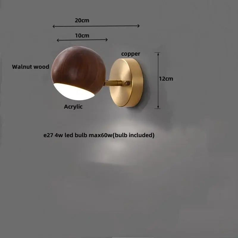 Modern brass and wood base wall sconce with walnut wood and copper finish and acrylic diffuser for living room decorbites led wood