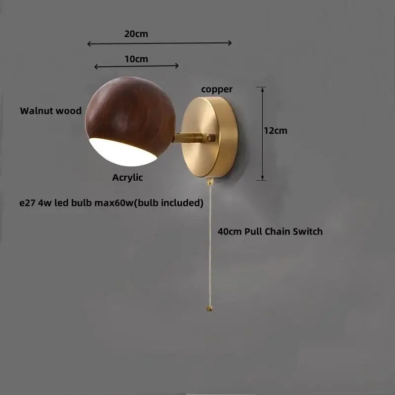 Modern brass and wood base wall sconce with walnut wood and copper finish featuring a spherical acrylic diffuser for decorbites led wood