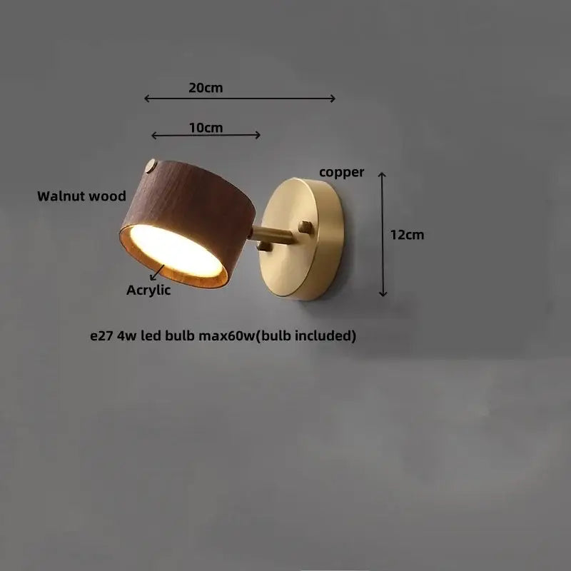 Modern brass and wood base wall sconce with walnut wood and copper finish acrylic lens decorbites led wood for living room