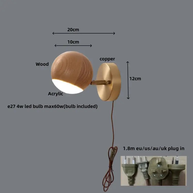 Modern wall sconce with warm wooden sphere wood base acrylic diffuser and copper mount for living room decorbites led wood