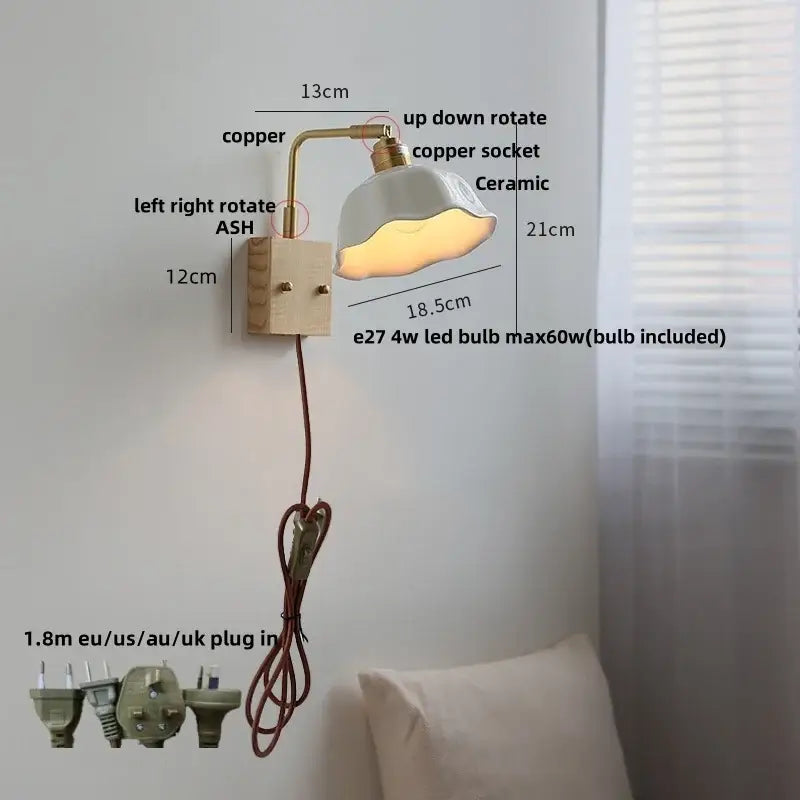 Minimalist wall sconce with copper arm and off-white ceramic led shade by DecorBites for modern bedroom decor