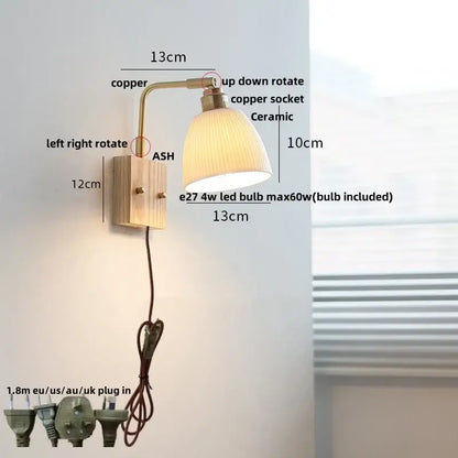 Modern brass and wood decorbites ceramic led wall sconce with warm-toned ridged ceramic shade for bedroom vanity light