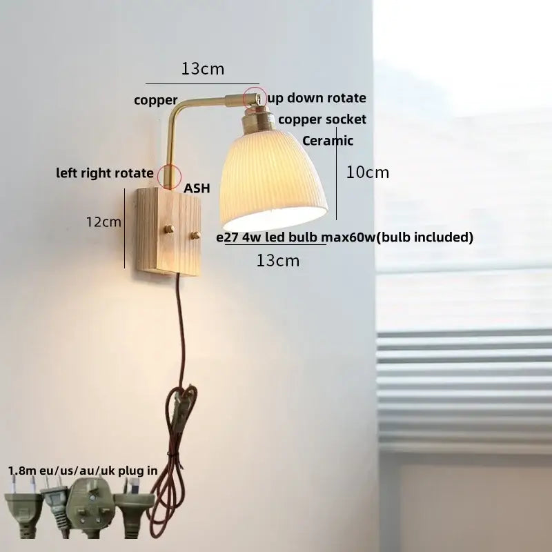 Modern brass and wood decorbites ceramic led wall sconce with warm-toned ridged ceramic shade for bedroom vanity light