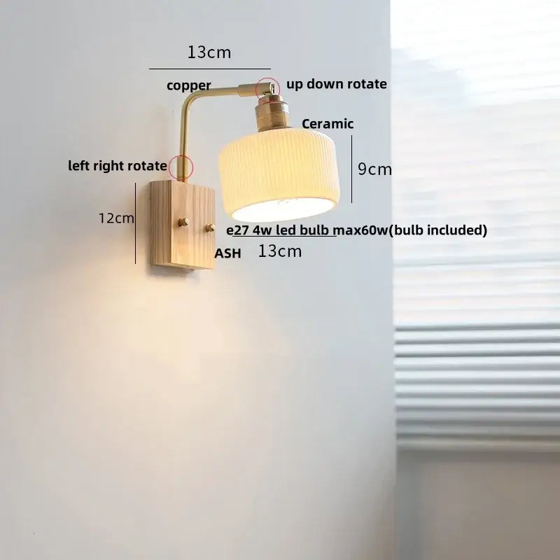 Modern brass and wood ceramic led wall sconce with warm copper finish and ribbed ash wood ceramic led shade for bedroom vanity decorbites ceramic led