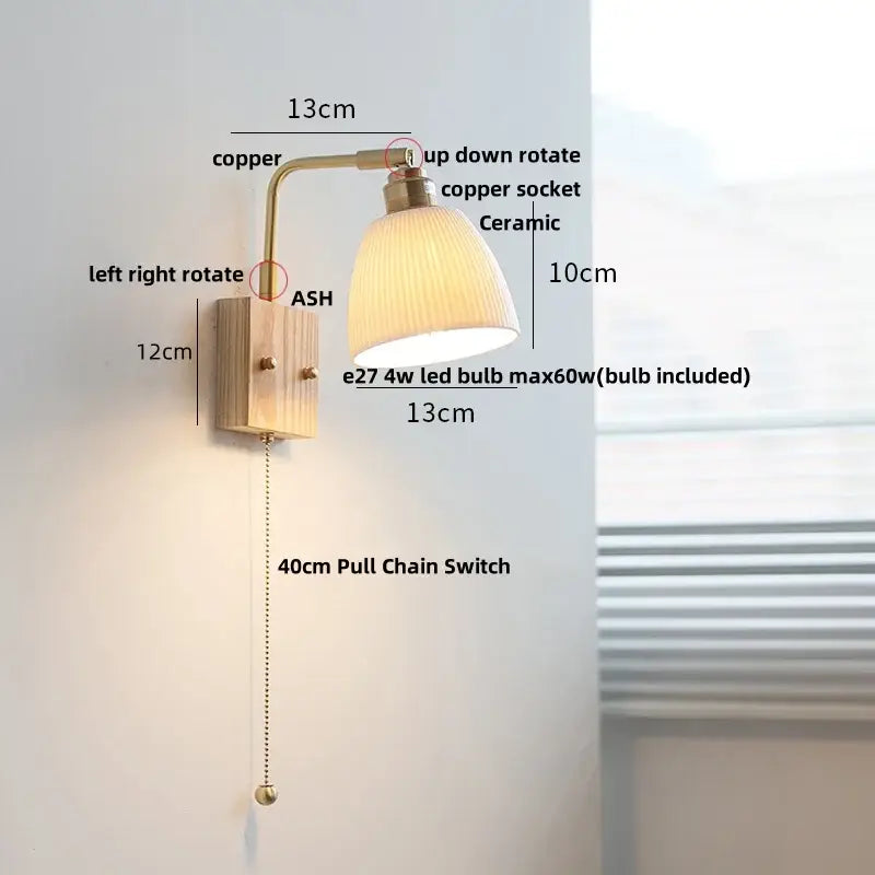 Modern brass and wood ceramic led wall sconce with warm-toned ridged ceramic shade for bedroom vanity decorbites ceramic led