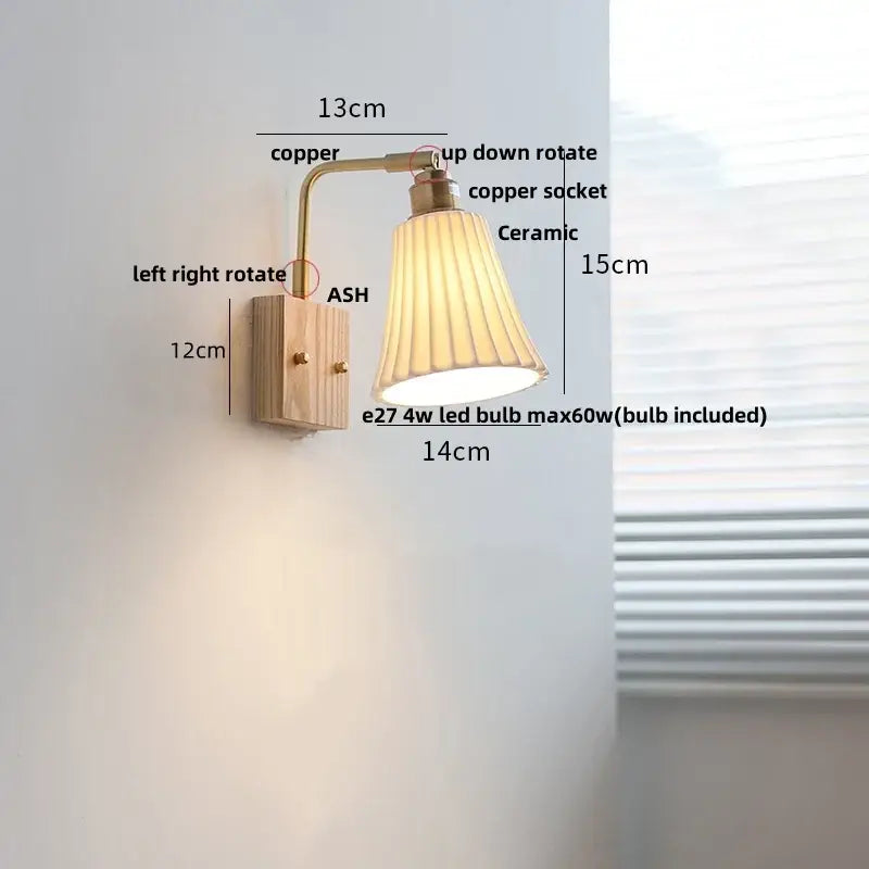 Modern brass and wood ceramic led wall sconce with copper finish and fluted ceramic lampshade for bedroom decorbites ceramic led use