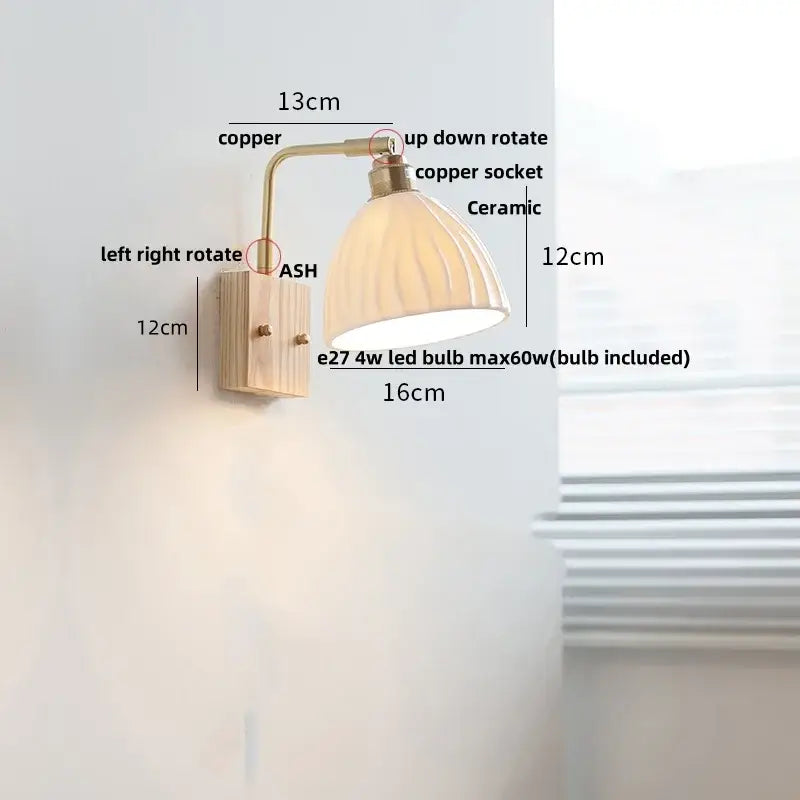 Modern brass and wood ceramic led wall sconce with warm-toned ridged lampshade for bedroom vanity decorbites ceramic led