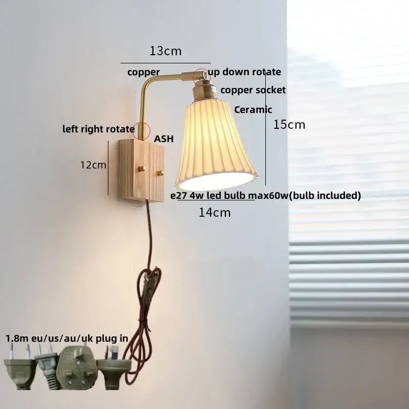 Copper-finished wall sconce with fluted ceramic led shade and adjustable brass arm for bedroom vanity decorbites ceramic led wall
