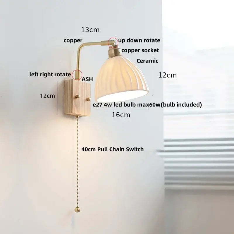 Modern brass and wood ceramic led wall sconce with warm-toned ridged lampshade for bedroom vanity decorbites ceramic led