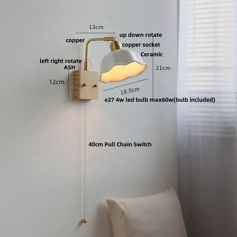 Modern brass and wood ceramic led wall sconce with copper finish adjustable arm and ceramic lampshade for bedroom decorbites ceramic led use