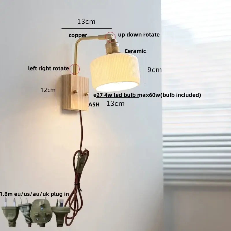 Modern brass and wood ceramic led wall sconce with copper finish and ribbed ceramic lampshade for bedroom decorbites ceramic led