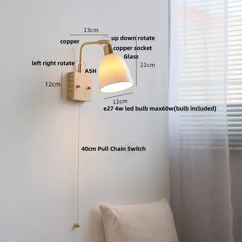 Modern brass and wood ceramic led wall sconce with copper finish, frosted glass shade, and adjustable rotation for bedroom vanity light