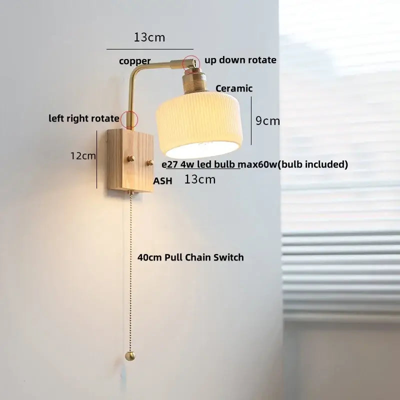 Modern brass and wood ceramic led wall sconce with warm copper tone and ribbed ceramic lampshade for bedroom vanity light decorbites ceramic led