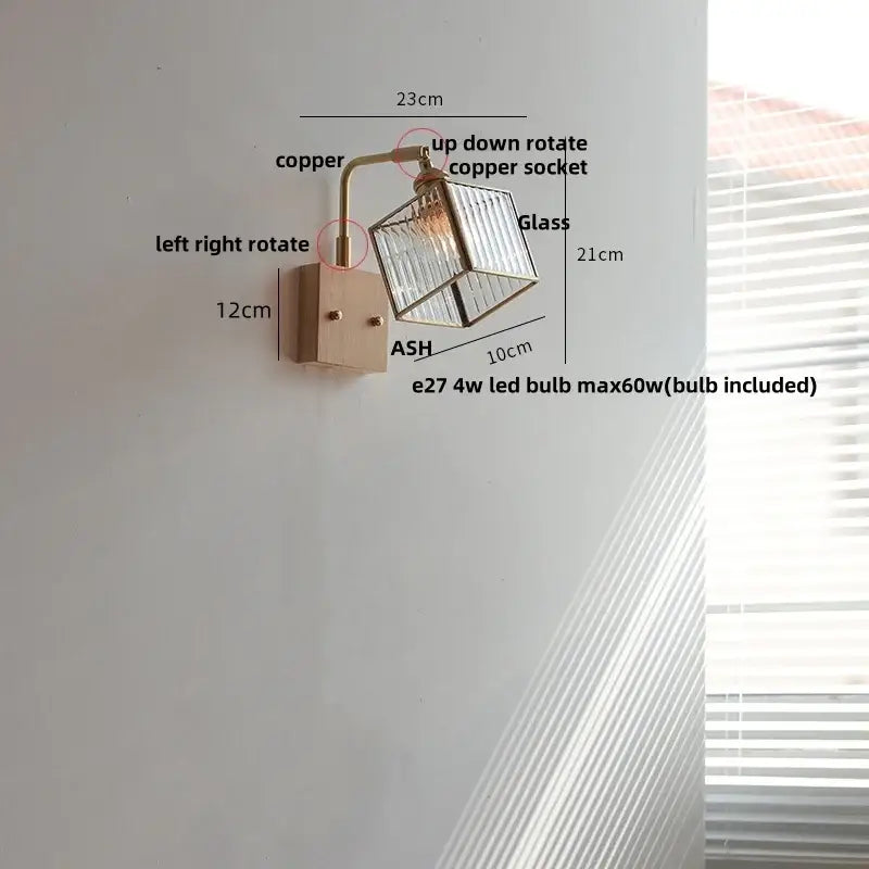 Modern brass and wood led wall lights with copper accents and clear glass cube shade for bedroom use