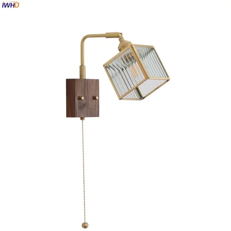 Modern brass and wood led wall light with geometric blue glass shade for bedroom wall lights