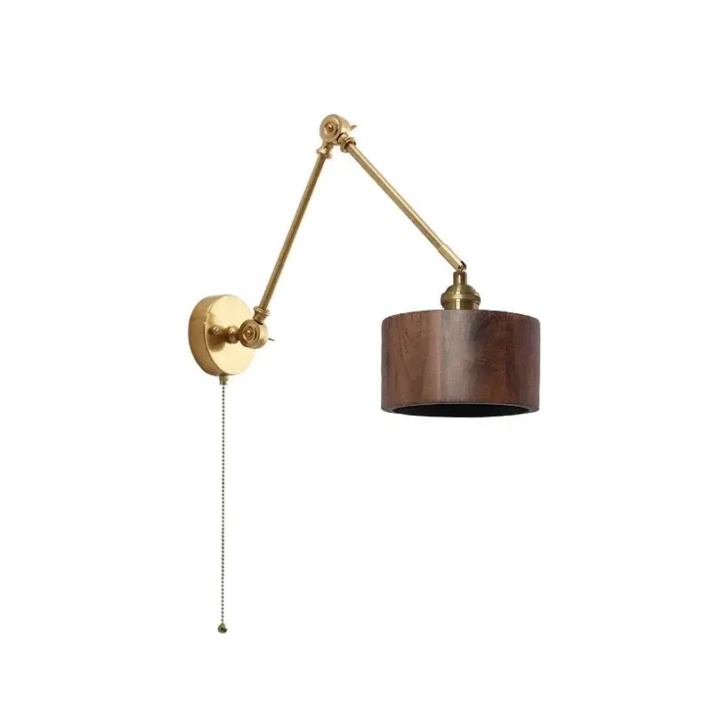 Modern brass and wood led wall sconce with adjustable brass finish dark brown shade and black power cord for bedroom use