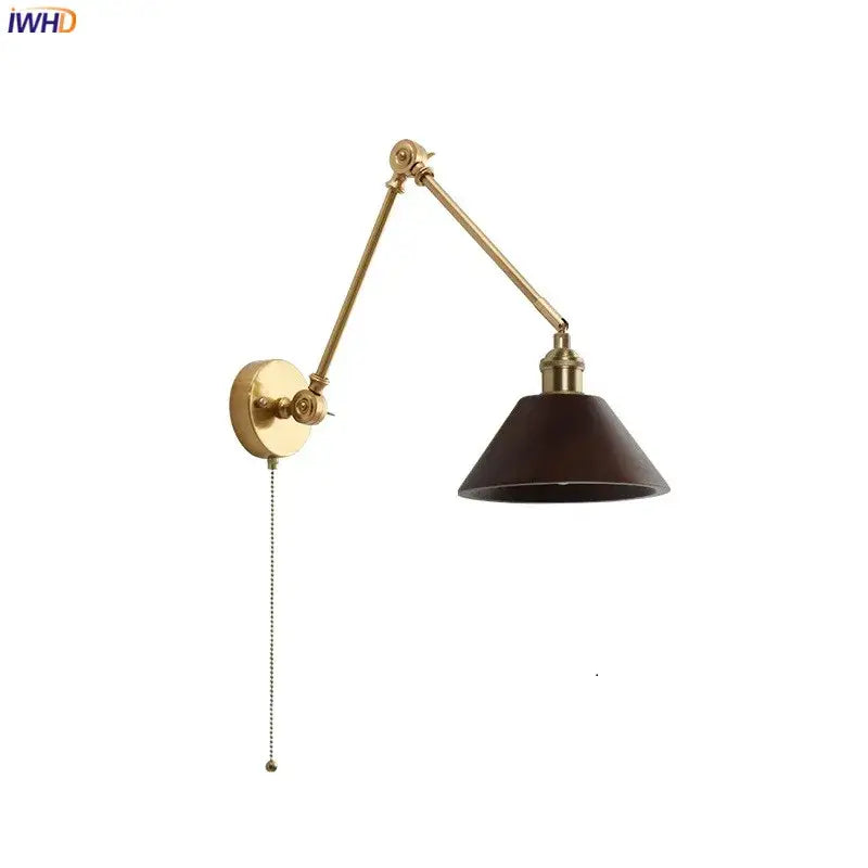 Modern brass and wood led wall sconce with adjustable brass finish, dark brown shade, and pull-chain switch for bedroom use