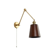 Modern brass and wood led wall sconce with adjustable dark wood shade and pull chain switch for bedroom lighting