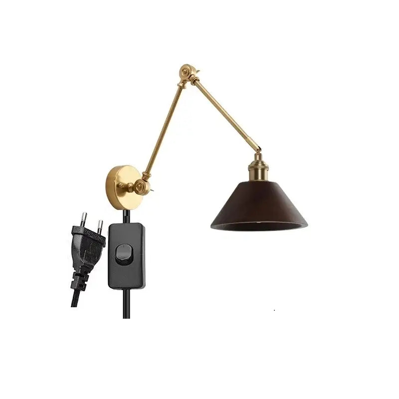Modern brass and wood led wall sconce with adjustable brass finish, dark brown conical shade, and black power cord