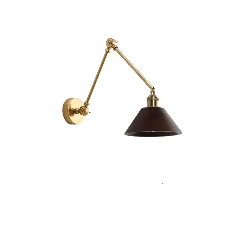Modern brass and wood led wall sconce with brass finish and dark brown conical shade for bedroom lighting