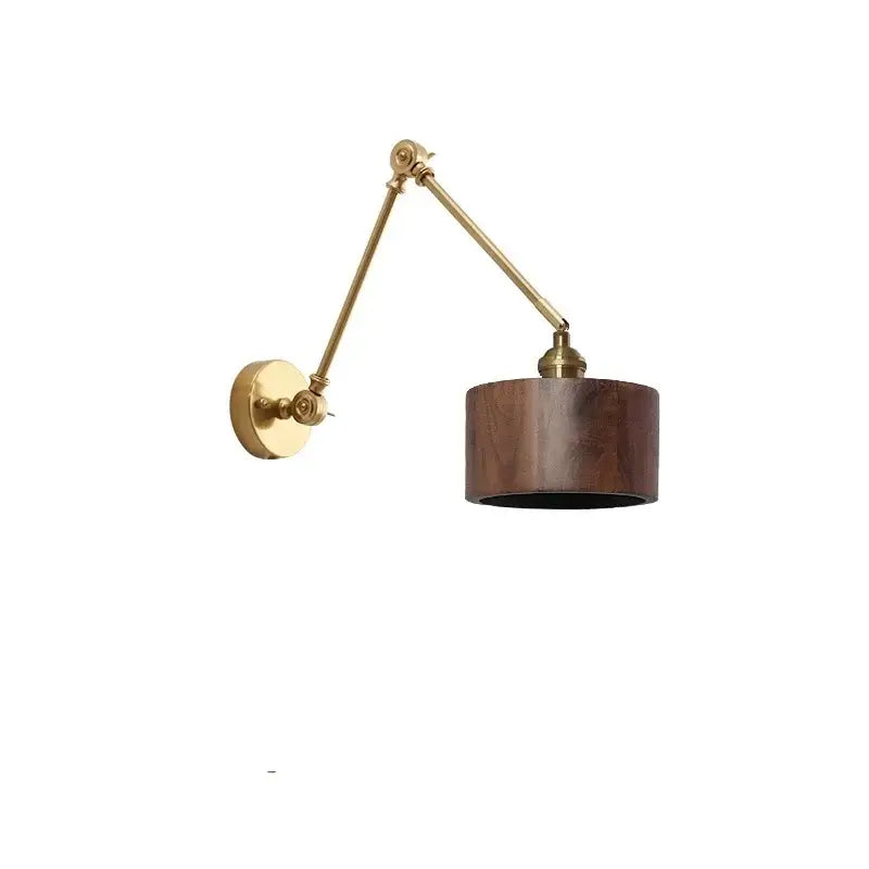 Adjustable modern brass and wood led wall sconce with dark wood cylindrical shade and pull chain for bedroom lighting