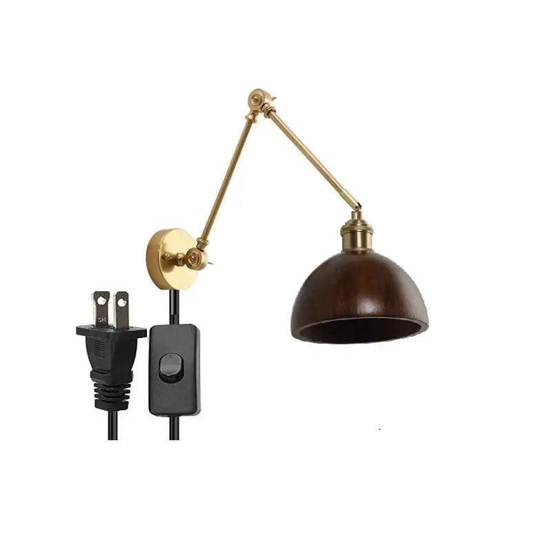 Modern brass and wood led wall sconce with adjustable brass finish and dark brown wooden shade for bedroom lighting