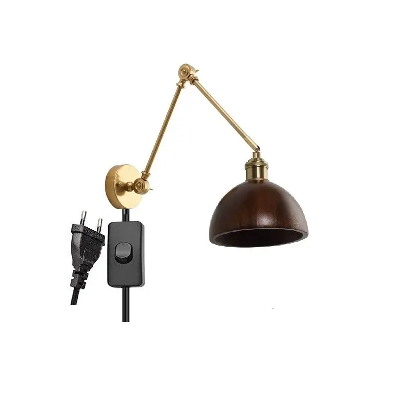 Modern brass and wood led wall sconce with adjustable brass finish and dark brown dome lampshade for bedroom use