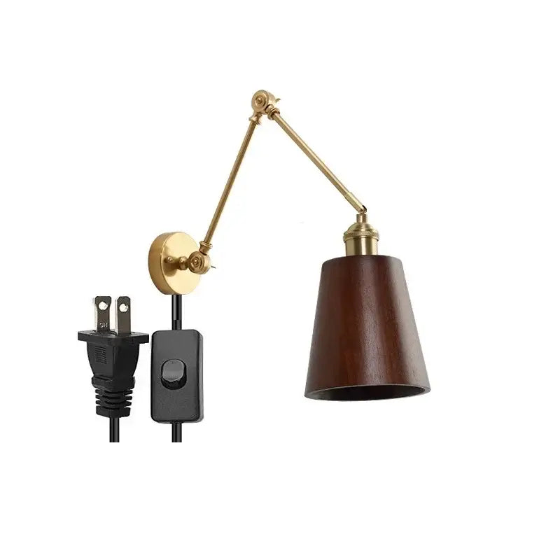 Modern brass and wood led wall sconce with adjustable brass finish and dark wood conical shade for bedroom lighting