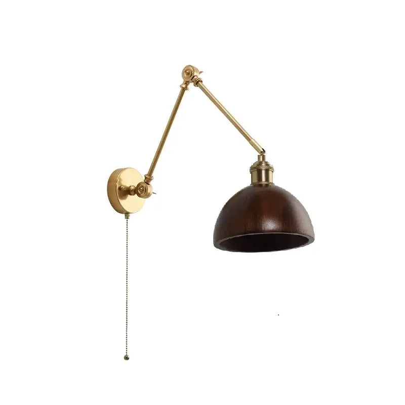 Modern brass and wood led wall sconce with dark brown dome shade and pull chain for bedroom lighting