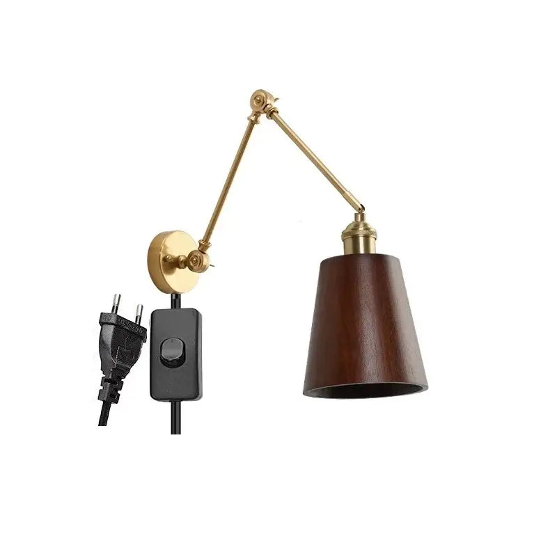 Modern brass and wood led wall sconce with adjustable brass finish and dark wood conical shade for bedroom use