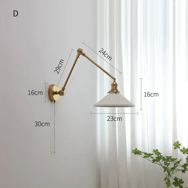 Modern brass and wood adjustable led wall sconce with white ceramic lampshade for bedroom pull chain lighting