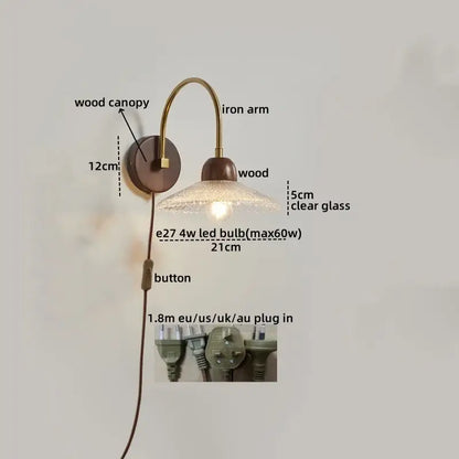 Modern brass and wood led wall sconce pull chain with clear textured glass shade and e27 4w led bulb for bedroom decorbites led wall
