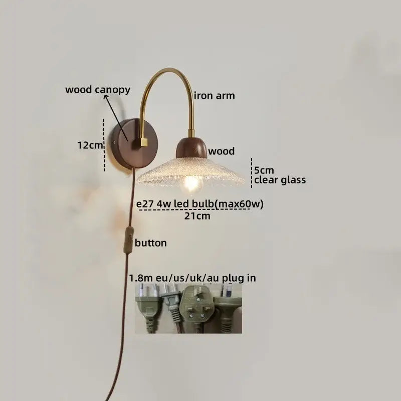Modern brass and wood led wall sconce pull chain with clear textured glass shade and e27 4w led bulb for bedroom decorbites led wall