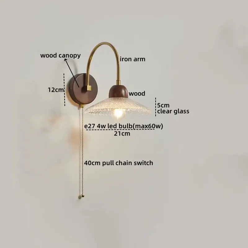 Modern brass and wood led wall sconce pull chain with clear textured glass shade and e27 4w led bulb for bedroom decorbites led wall