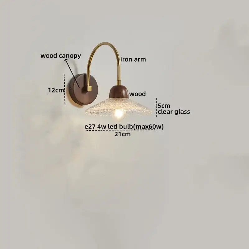Modern brass and wood led wall sconce pull with clear glass diffuser and e27 4w led bulb for decorbites led wall lighting