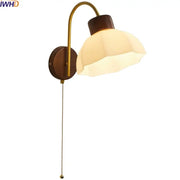 Modern brass and wood led wall sconce with warm cream glass shade and wall sconce pull for bedroom decorbites led wall light