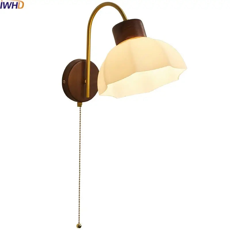 Modern brass and wood led wall sconce with warm cream glass shade and wall sconce pull for bedroom decorbites led wall light