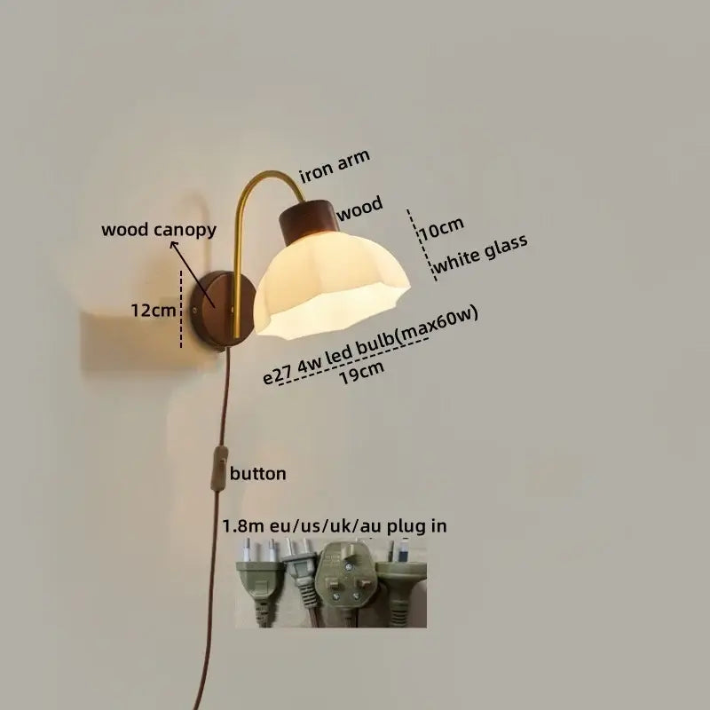 Modern brass and wood led wall sconce pull chain bedroom light with curved iron arm white glass shade decorbites led wall
