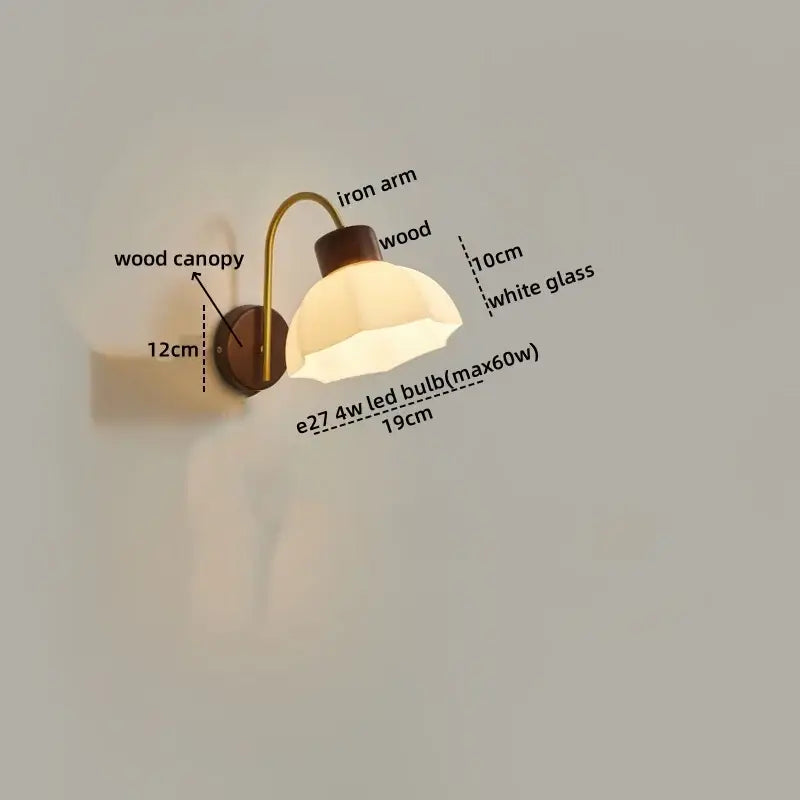 Modern brass and wood led wall sconce with pull chain featuring a white glass shade and dark wood base for bedroom decorbites led wall