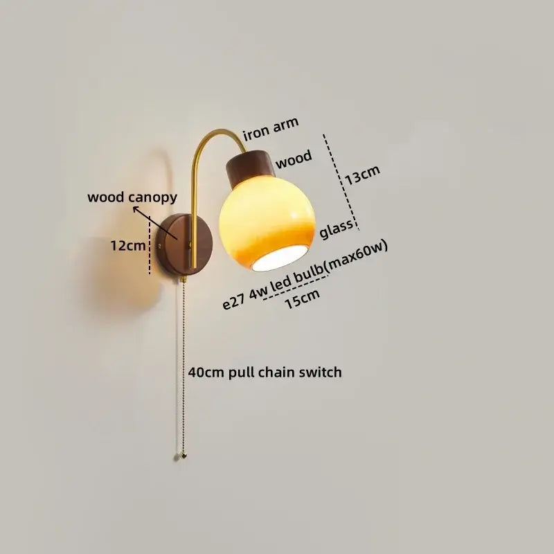 Modern brass and wood led wall sconce pull chain with warm-toned glass globe and e27 4w led bulb for bedroom decorbites led wall