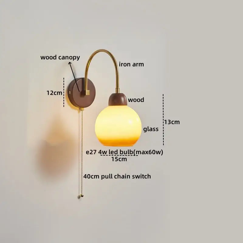 Modern brass and wood led wall sconce pull chain with warm-toned glass globe and e27 4w led bulb for decorbites led wall use