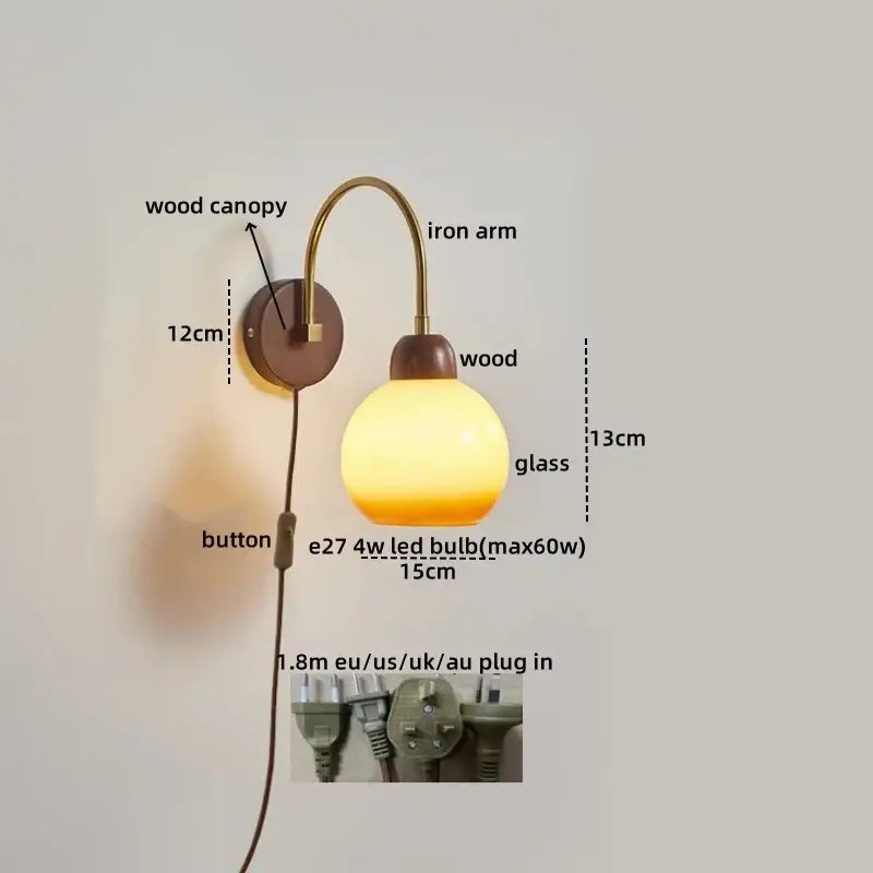 Modern brass and wood led wall sconce pull with warm-toned glass globe and e27 4w led bulb for bedroom decorbites led wall