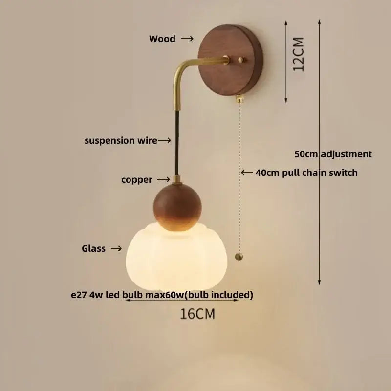 Modern brass and wood ribbed glass wall light with warm-toned glass globe and copper adjustable led accents for bedroom decorbites wall light