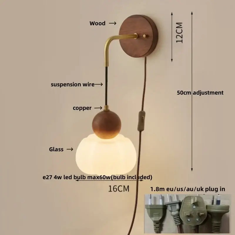 Modern brass and wood wall light with a round wooden base brass accents and ribbed glass globe shade for bedroom decorbites copper adjustable led