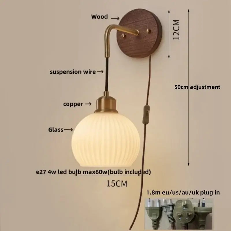 A modern brass and wood ribbed glass wall light with copper adjustable led finish for bedroom decorbites wall light