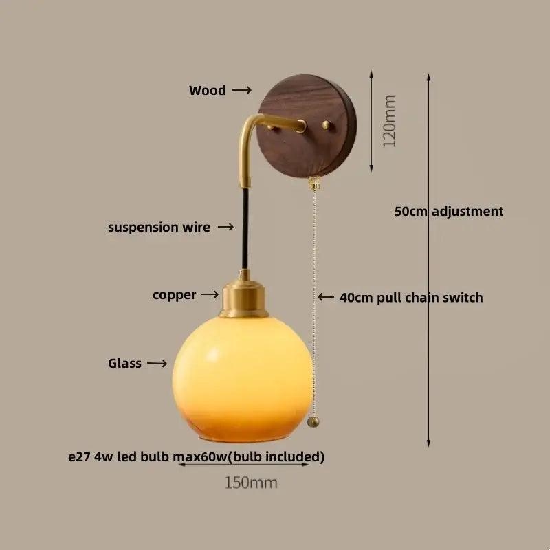 Modern brass and wood ribbed glass wall light with warm amber copper adjustable led globe for bedroom decorbites
