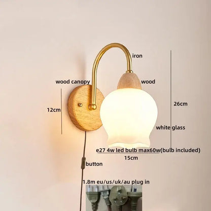A warm vintage-style modern brass and wood tulip led wall lamp with iron arm for living room decorbites led wall lamps